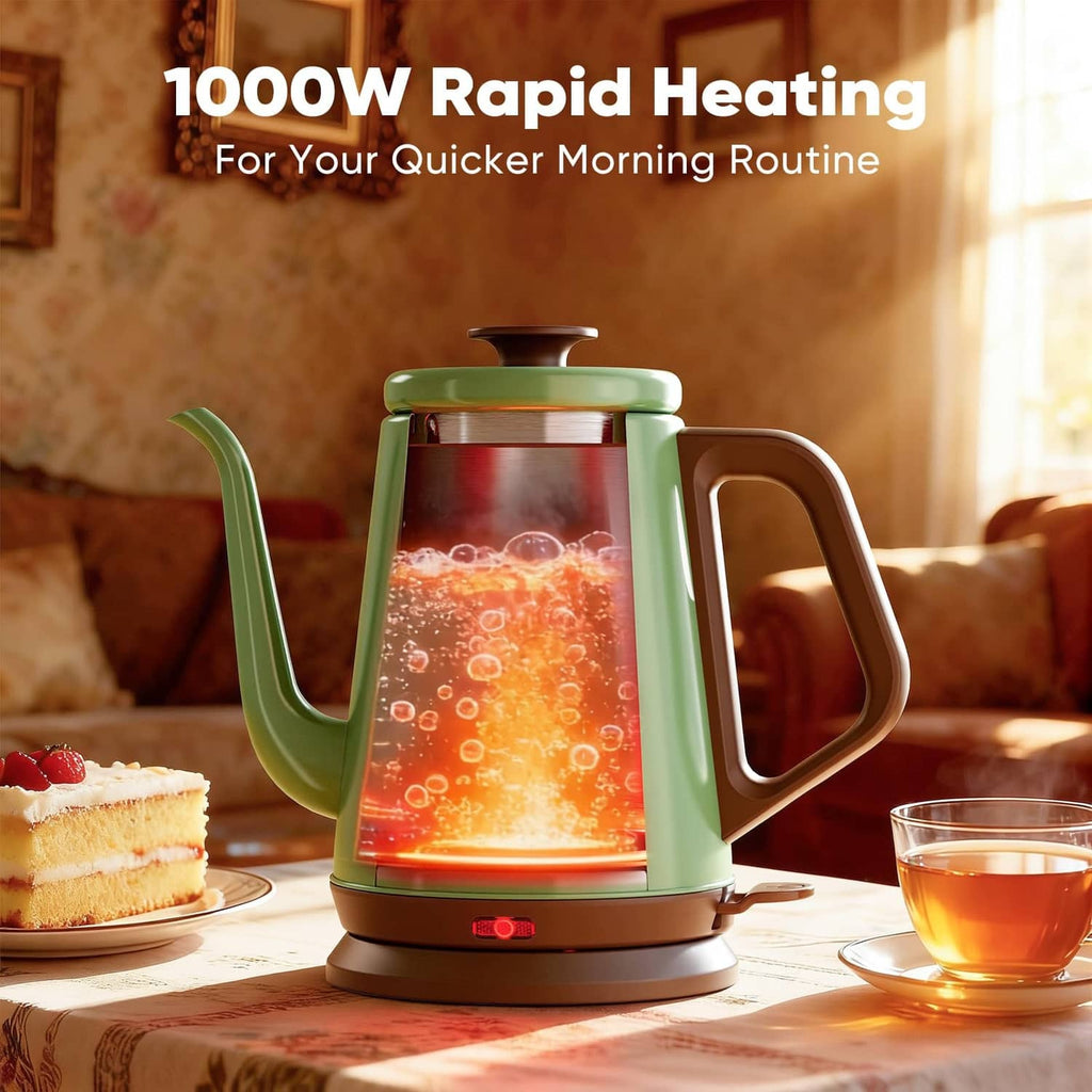 Green electric gooseneck kettle with glowing heating light and brown handle
