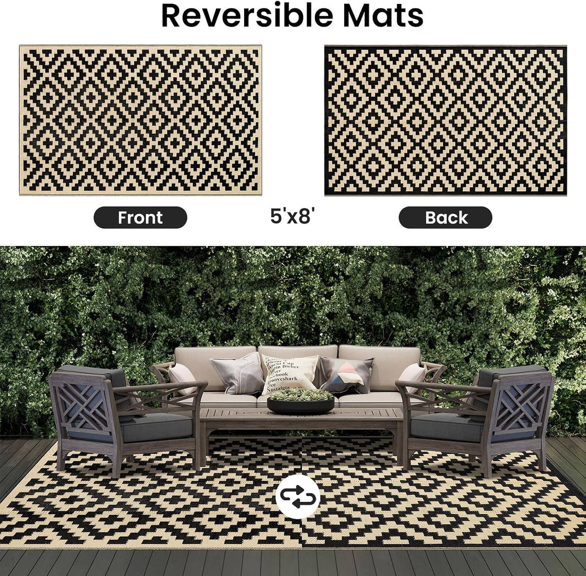 Reversible outdoor rug with black-and-beige diamond pattern shown for both sides.