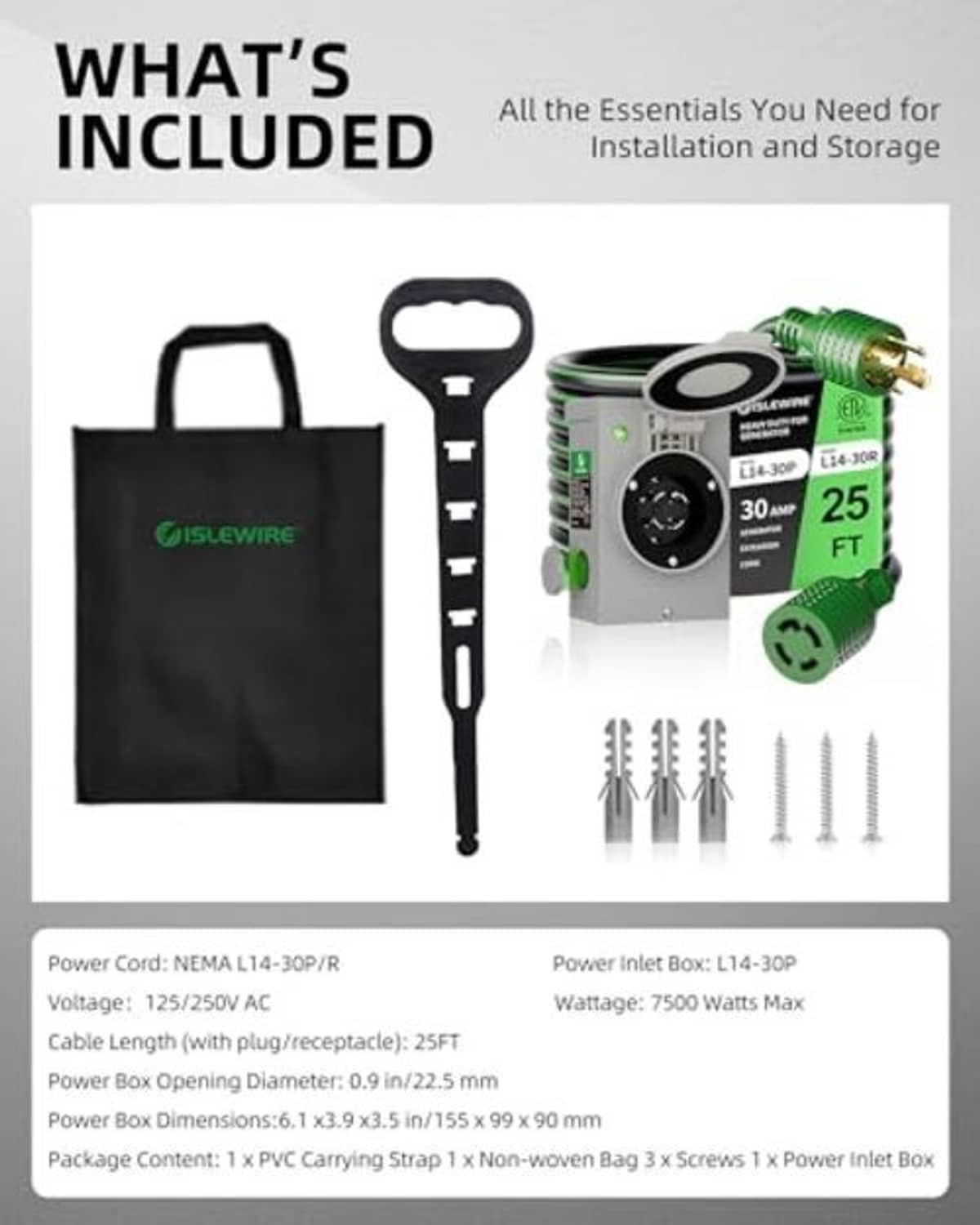 Power inlet box kit contents: carrying bag, cord, inlet box, screws and strap
