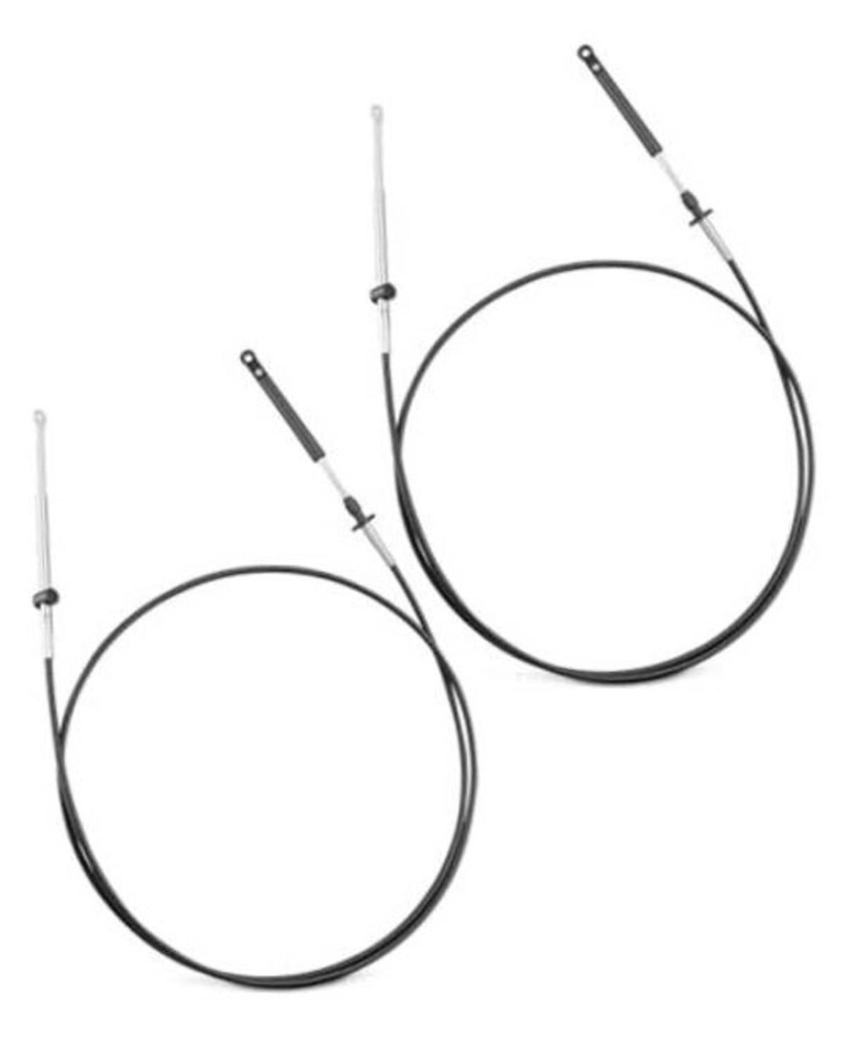 Two outboard remote control cables with black sheathing and white housing ends