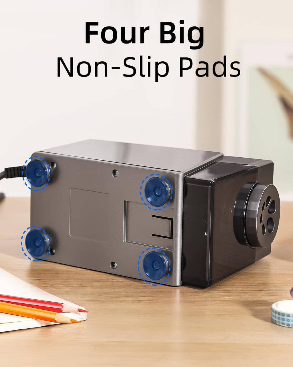 Electric pencil sharpener with four non-slip pads and 6-hole sharpening drum