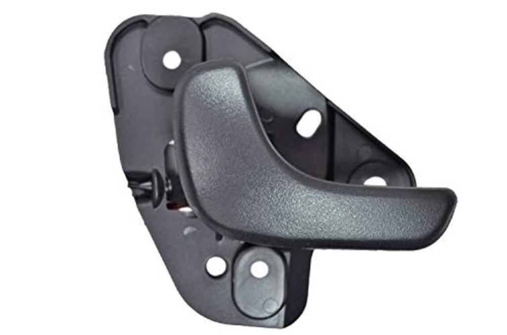 Black interior door handle with curved grip and screw holes, front left driver side