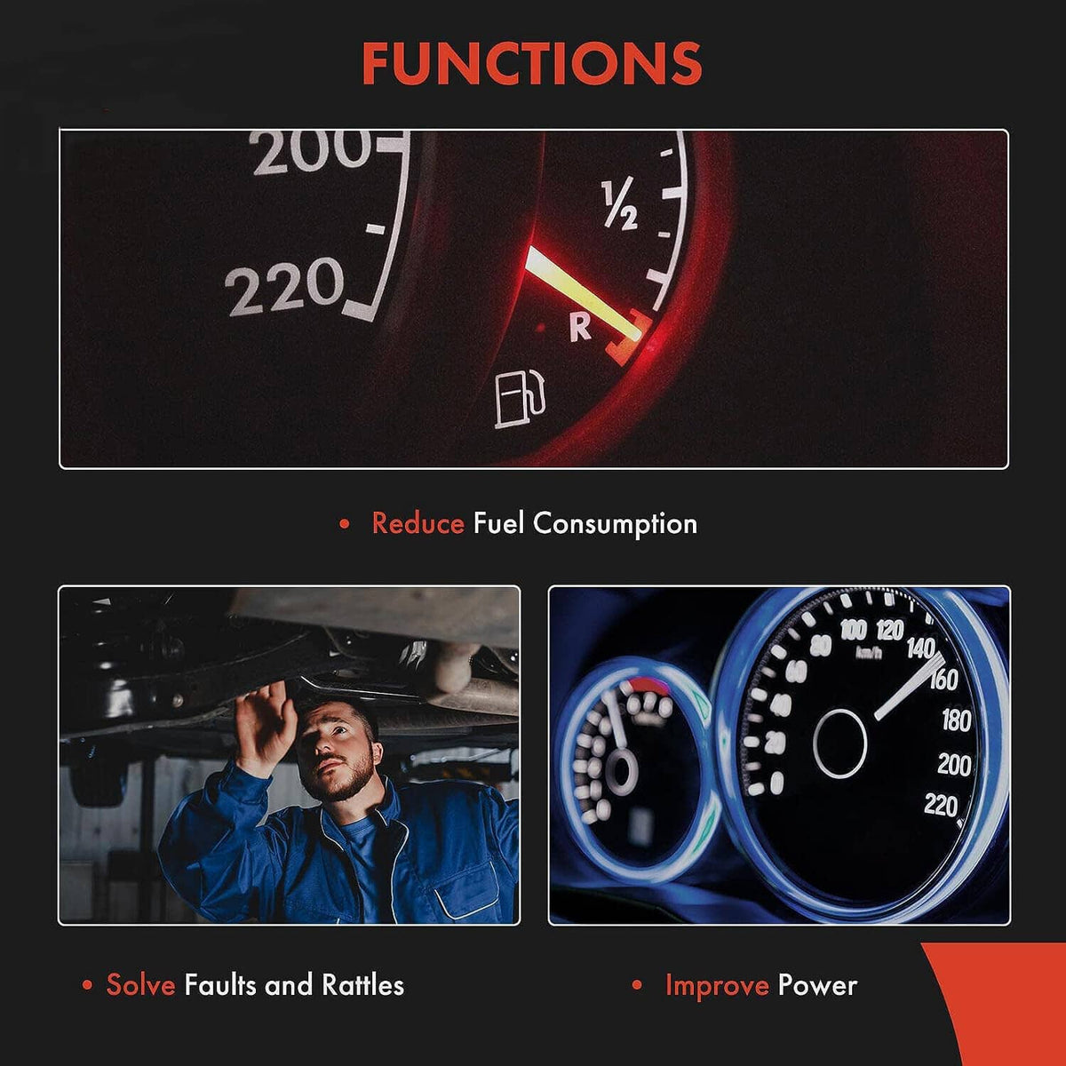 Automotive performance graphic with fuel gauge and intake-related benefits