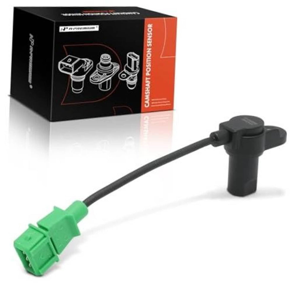 Engine camshaft position sensor with black body, green connector, and cable