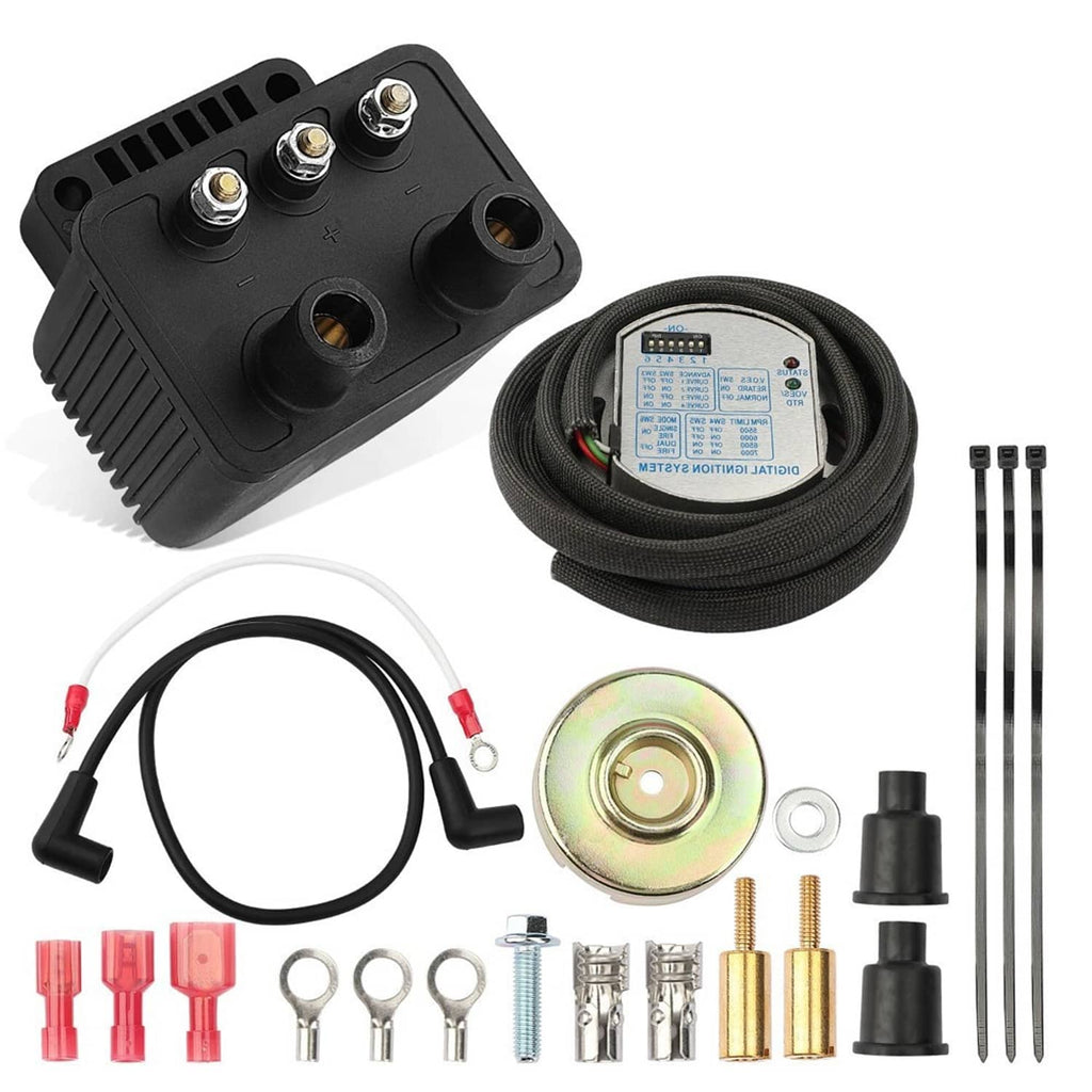 Ignition kit bundle with black control module, wiring harness, flywheel cover, and fasteners
