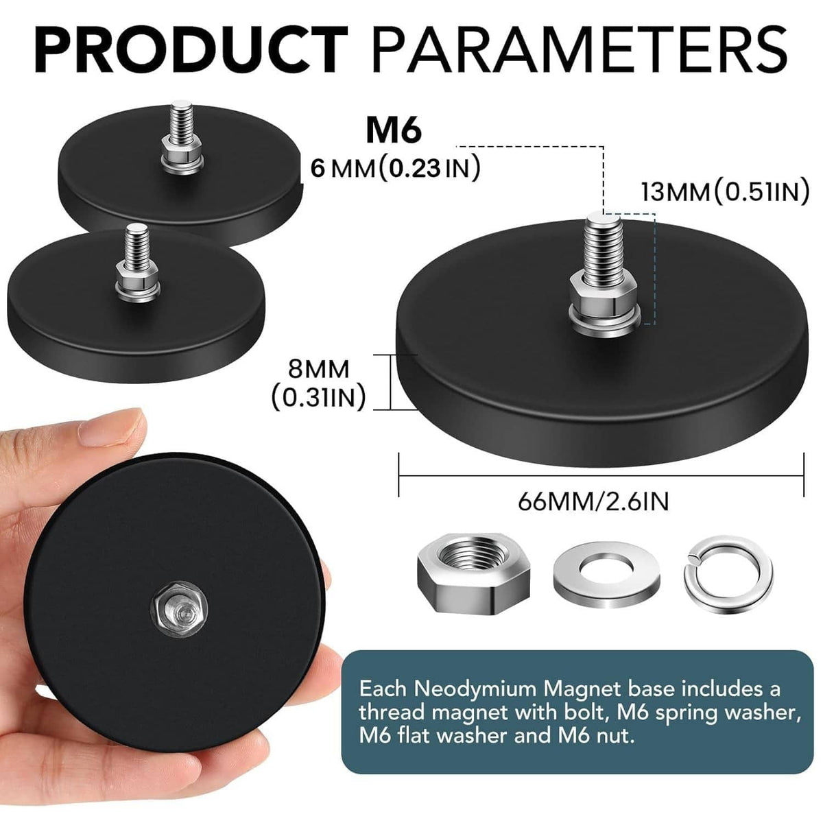 Six round black adhesive magnet bases with M6 stud, flat washer, and nut