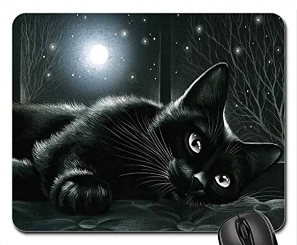Black cat moonlit mouse pad with illustrated cat face and whiskers