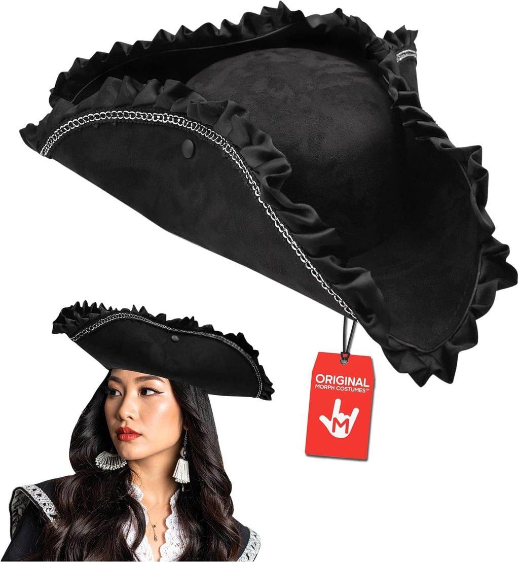 Black ruffled tricorn pirate hat with silver chain band and side cockade, angled view.