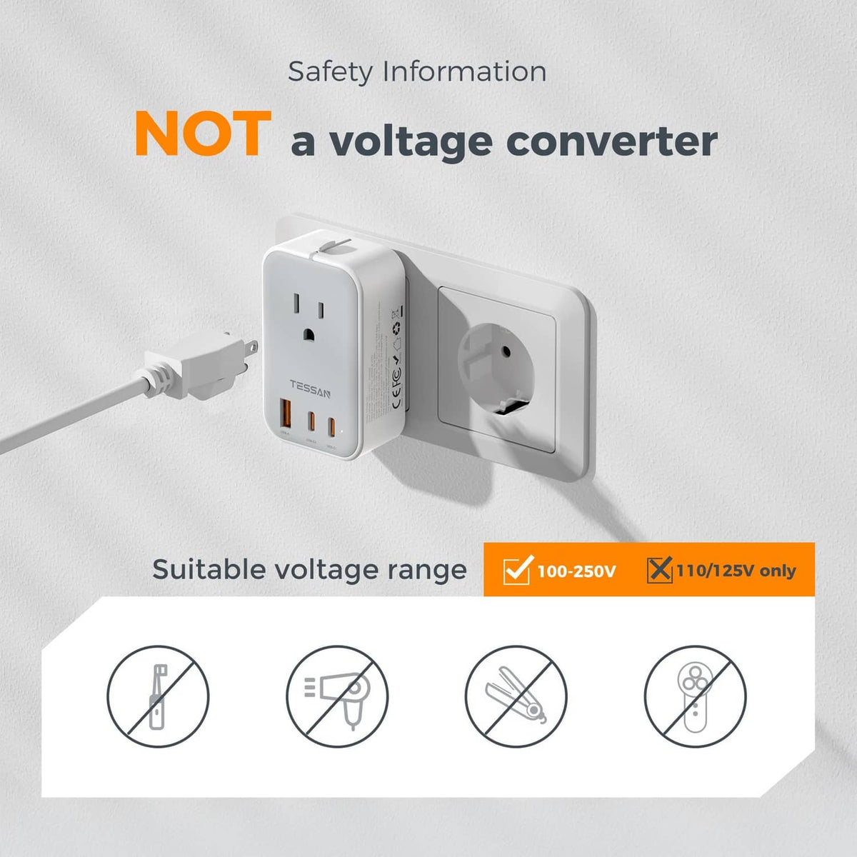 White universal travel adapter with two-prong outlet and side plug pins