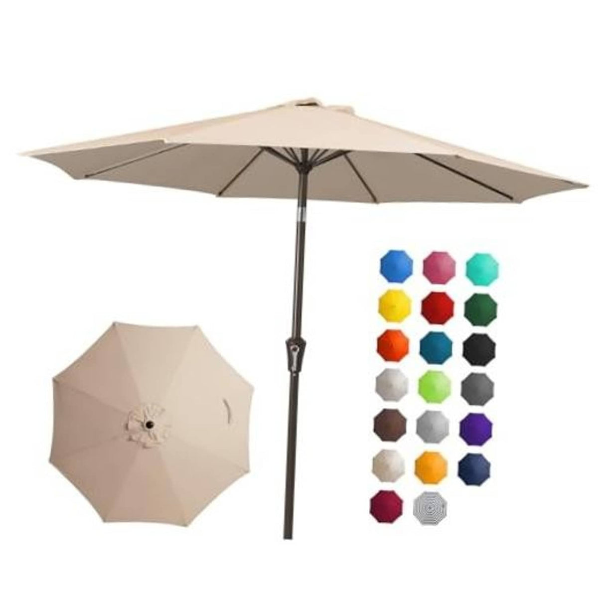 Beige outdoor patio table umbrella with open canopy and black push-button pole
