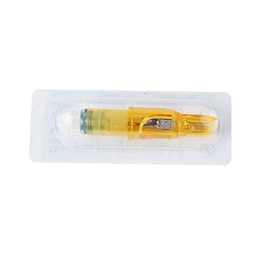 Single orange disposable tattoo needle in clear plastic blister