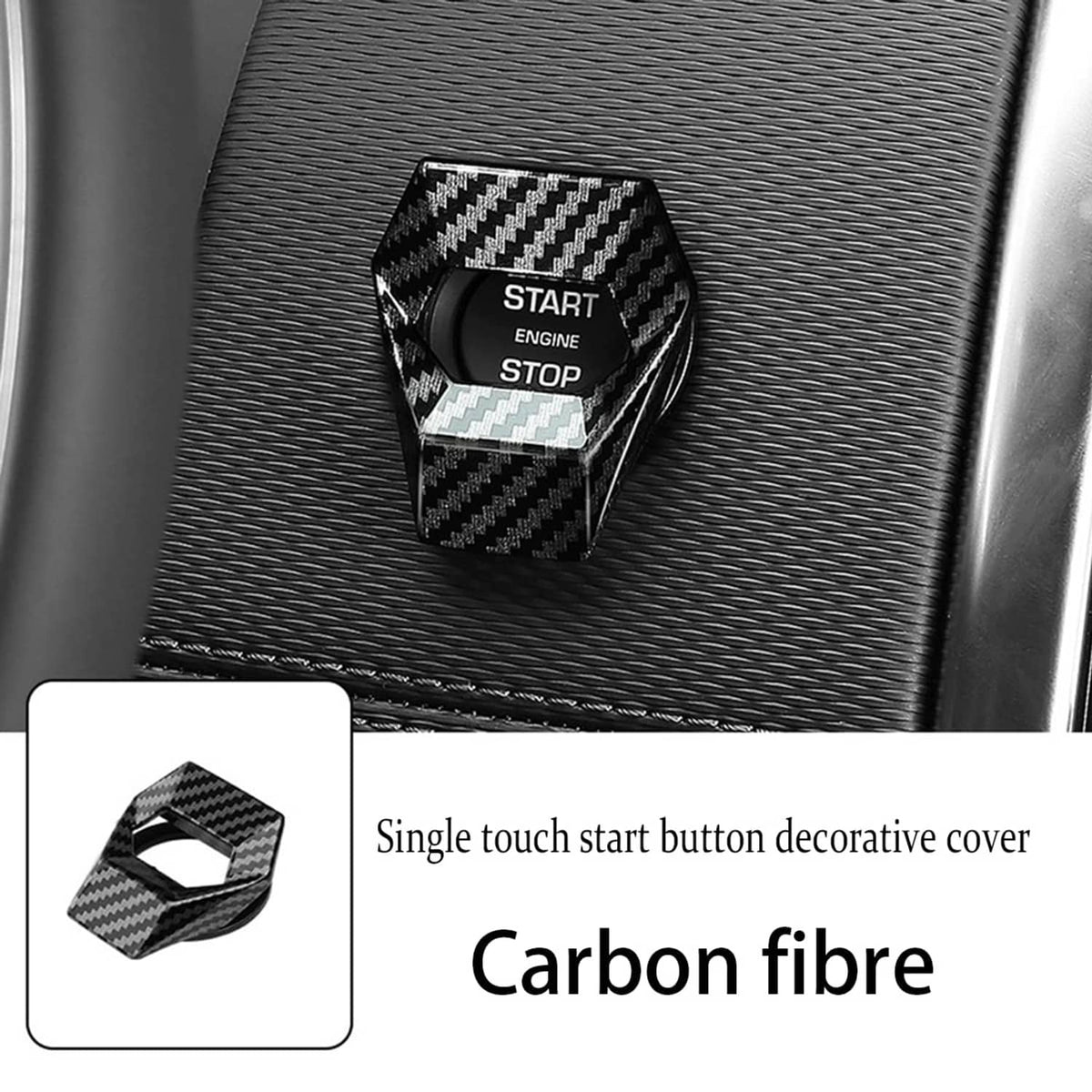 Carbon fiber engine start/stop button cover with white START/STOP label and inset frame