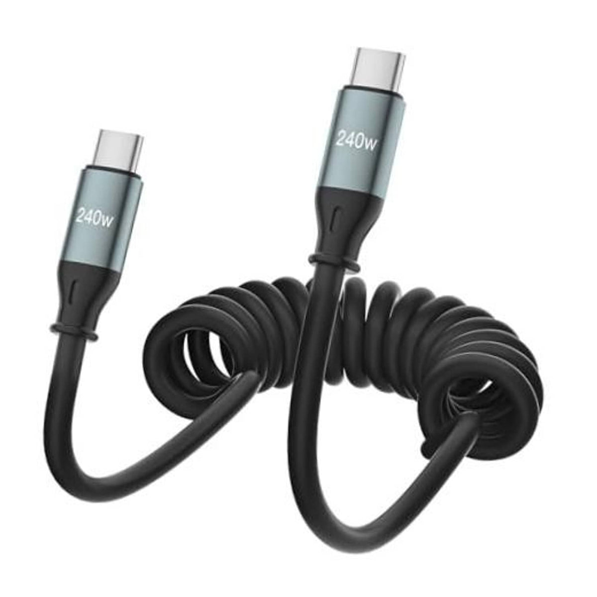 Coiled black USB-C to USB-C charging cable with two metal USB-C connectors, close-up