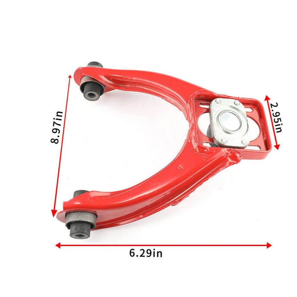 Red rear camber control arm with bushing mounts, shown with overall size measurements