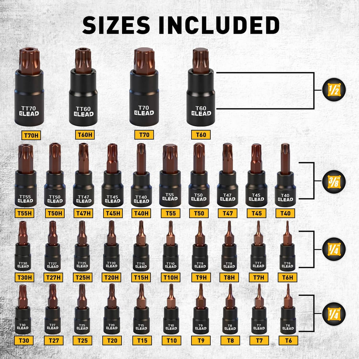 Torx socket set bits arranged by size, with various drive tips and adapters