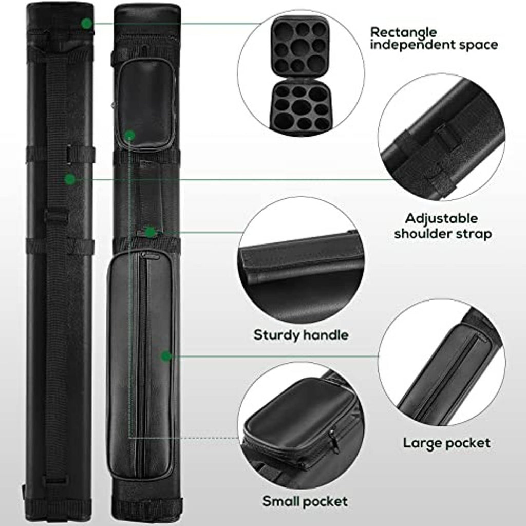 Black billiard cue case with adjustable shoulder strap and multiple interior pockets