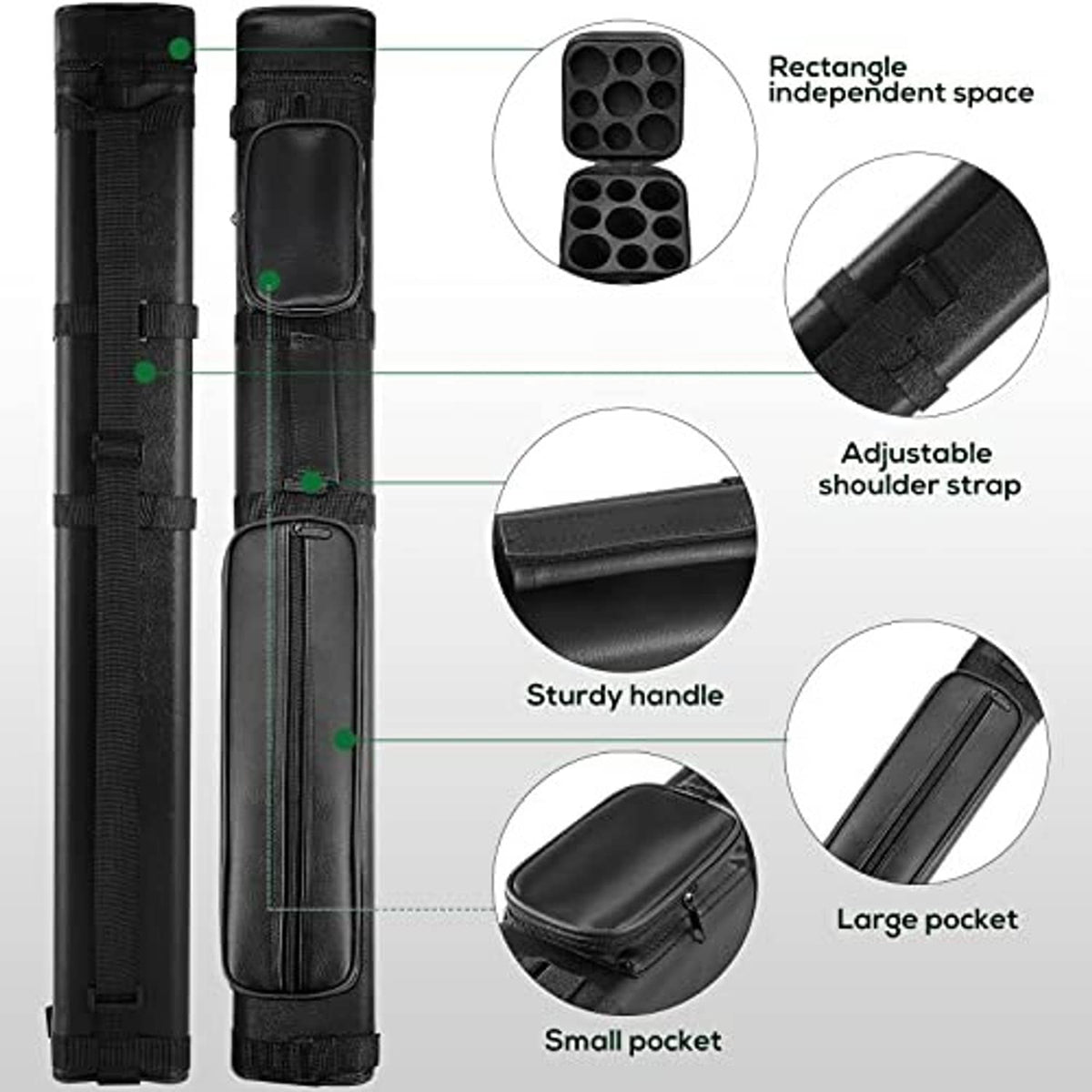 Black billiard cue case with adjustable shoulder strap and multiple interior pockets