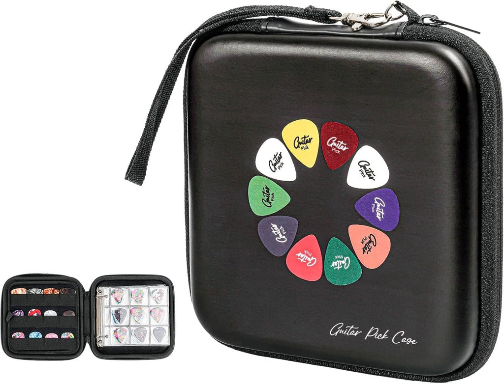 Black guitar pick case with zipper, holds assorted picks in a clear organizer pocket