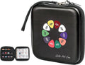 Black guitar pick case with zipper, holds assorted picks in a clear organizer pocket