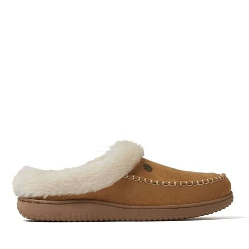 Brown clog with white faux-fur top lining, slip-on design, and rubber sole
