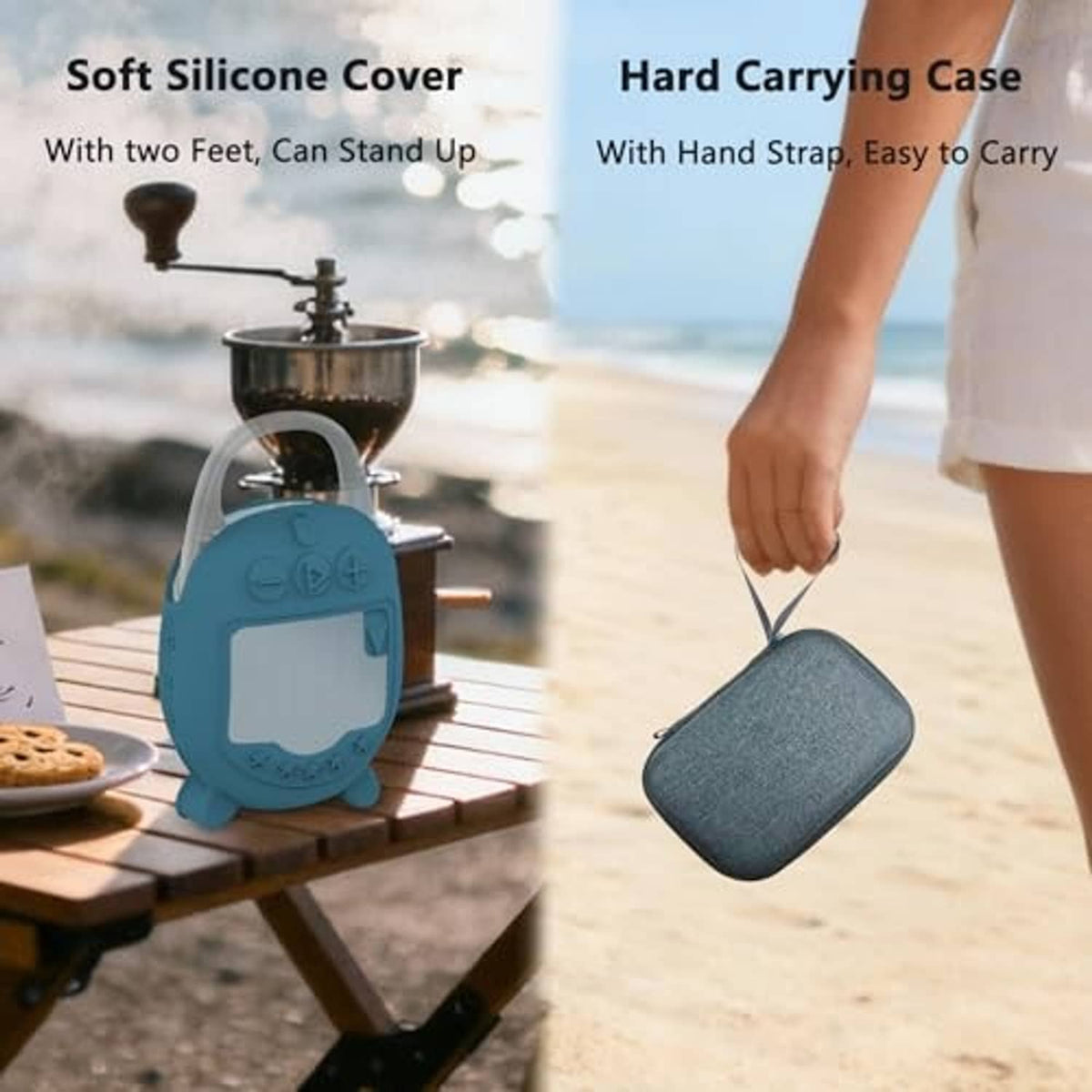 Blue hard carrying case with hand strap and rounded shape, speaker inside