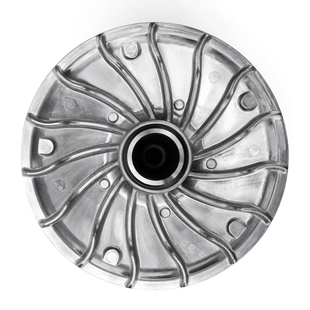 CVT belt sheave pulley face with radial fins and central black bushing, silver