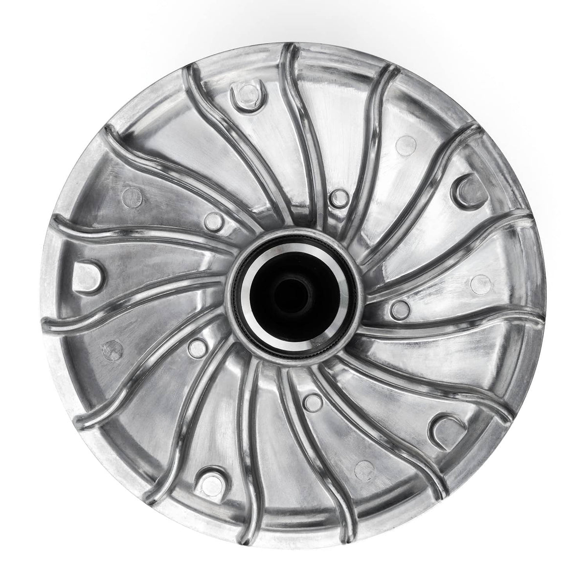 CVT belt sheave pulley face with radial fins and central black bushing, silver