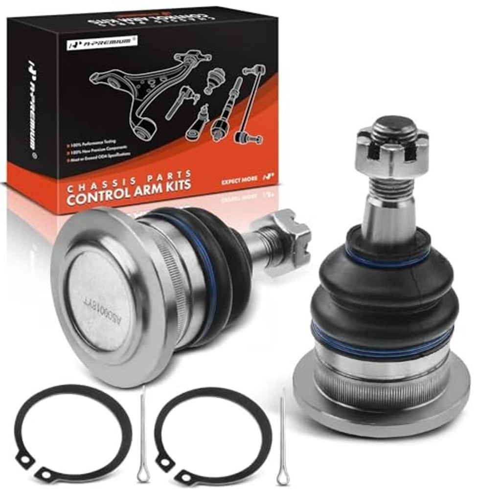 Front upper ball joint assembly with threaded stud, metal housing, and rubber dust boot