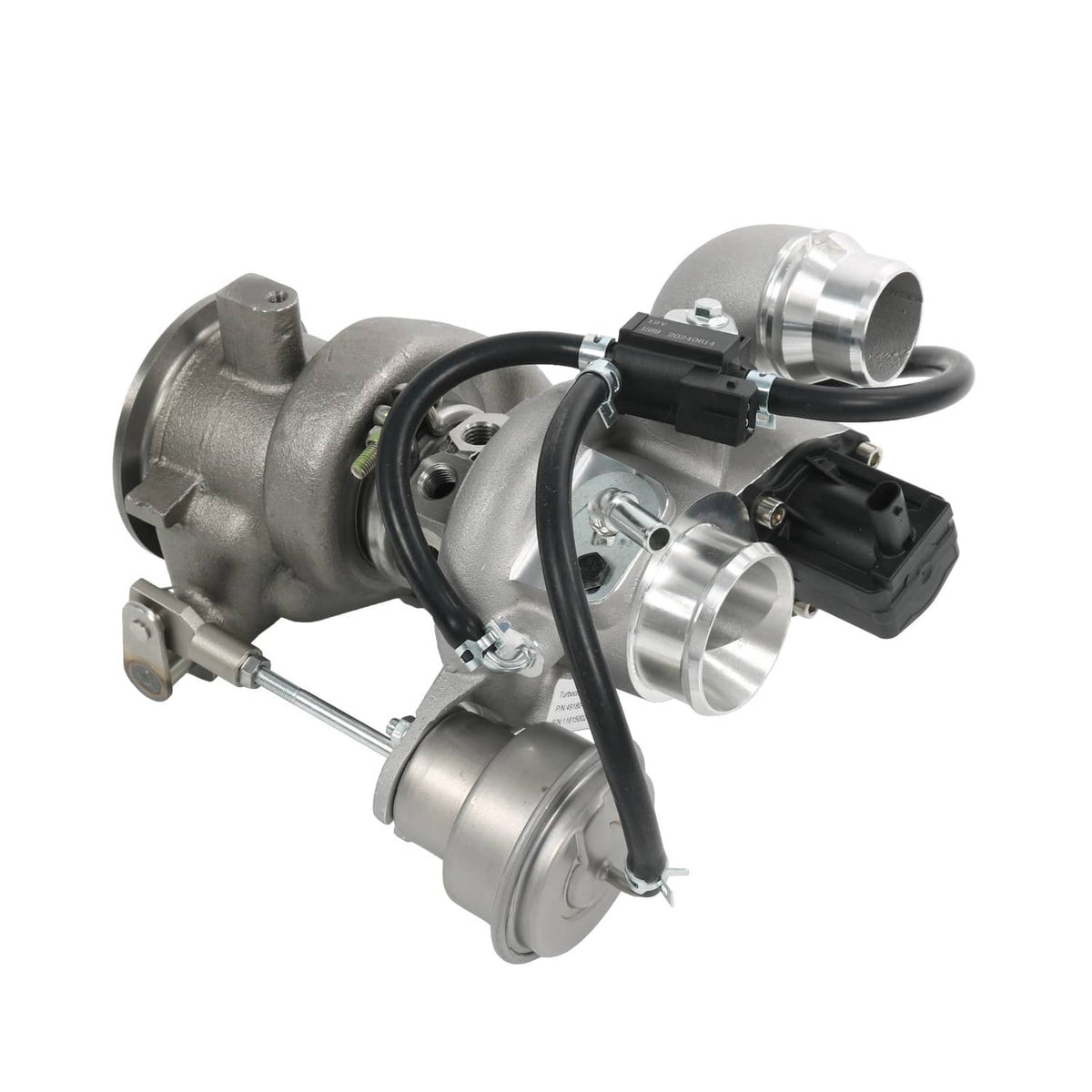 Turbocharger with side ports, black control module, and metal intake housing