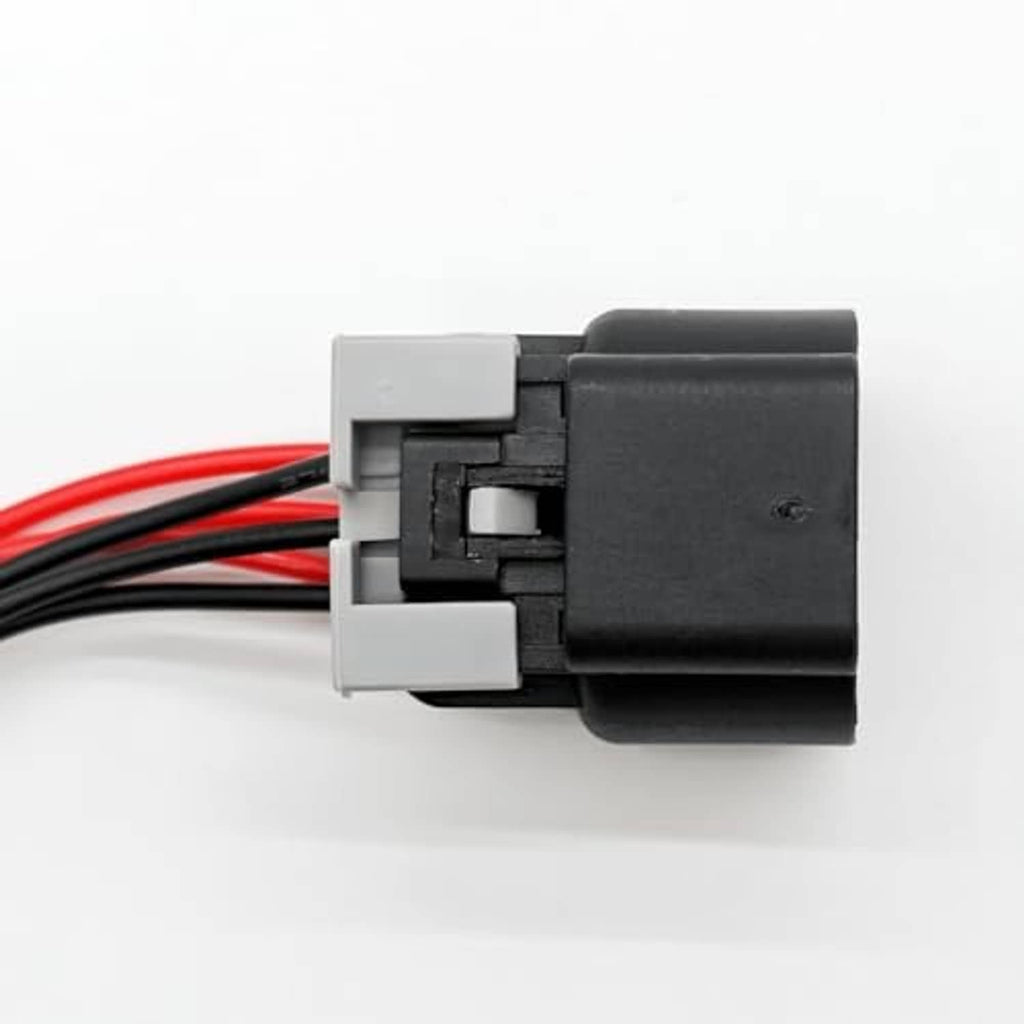 6-wire throttle body connector pigtail, black housing with gray connector tab, side view