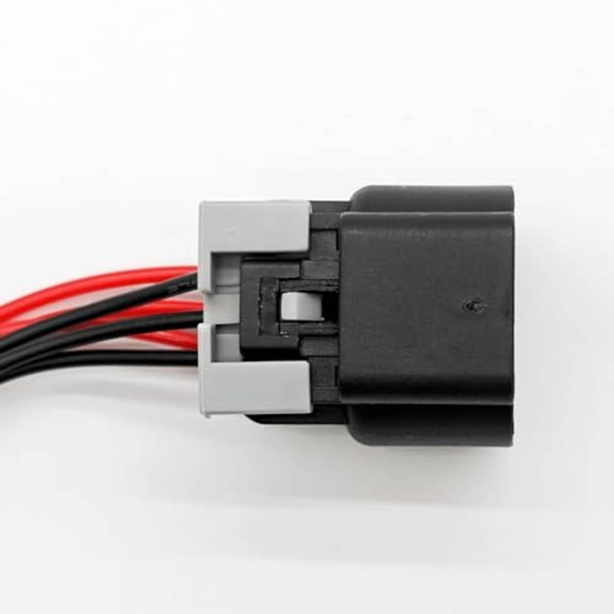 6-wire throttle body connector pigtail, black housing with gray connector tab, side view