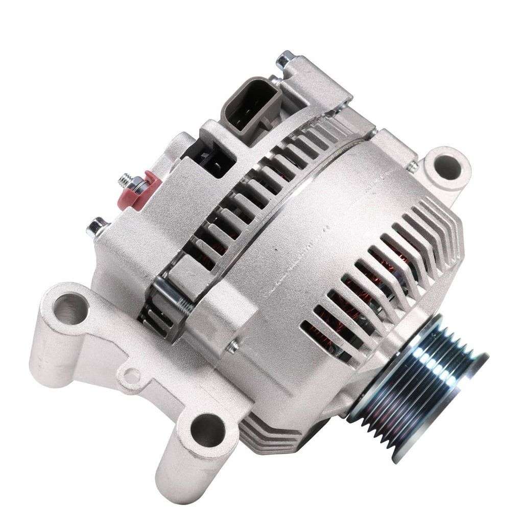 Silver alternator viewed from side with black belt pulley and vented grille