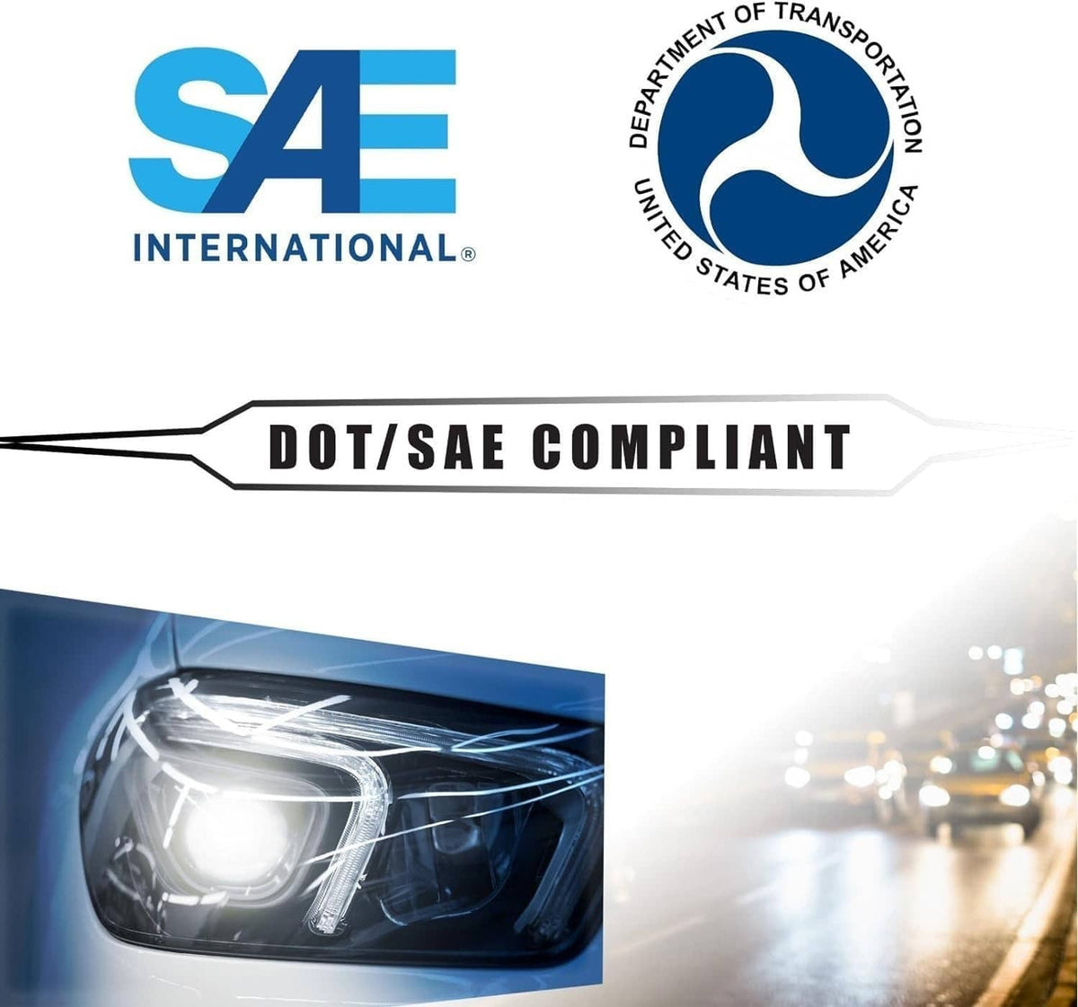 LED headlight with DOT/SAE compliance graphic and bright projector beam close-up