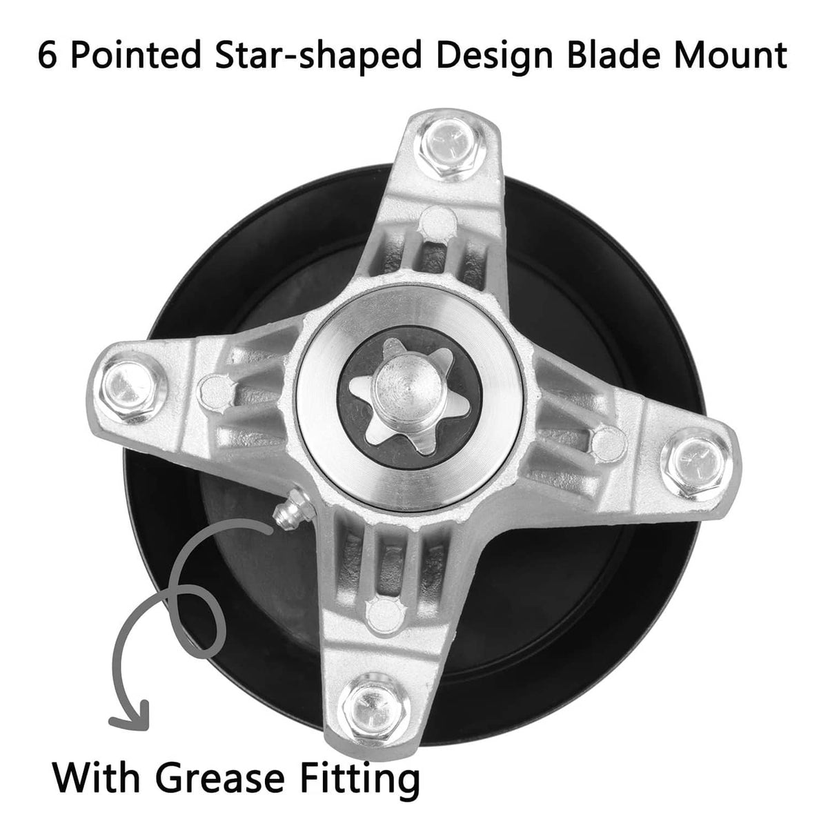 Mower spindle blade mount with pointed star-shaped design and grease fitting, silver and black