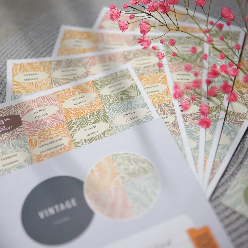 Floral patterned laminated Bible book tabs for marking scripture