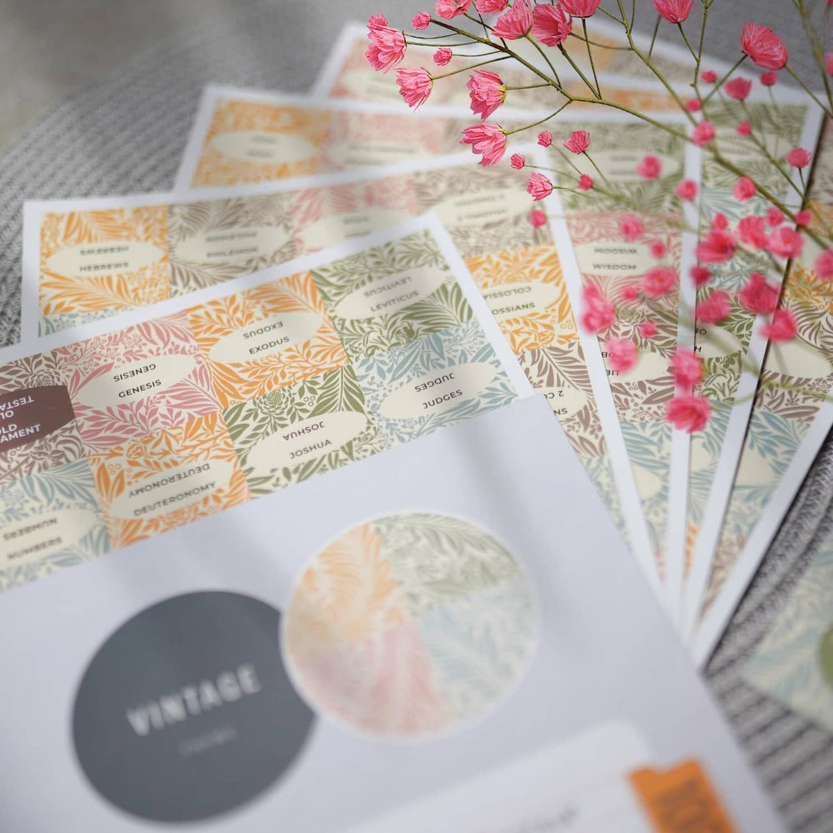 Floral patterned laminated Bible book tabs for marking scripture