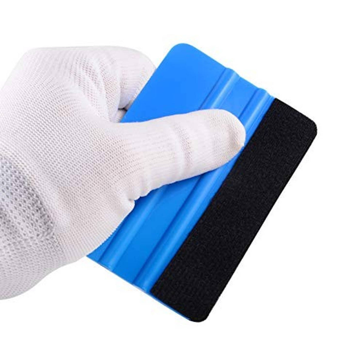 Gloved hand holding blue vinyl squeegee with black felt pad edge for smoothing vinyl