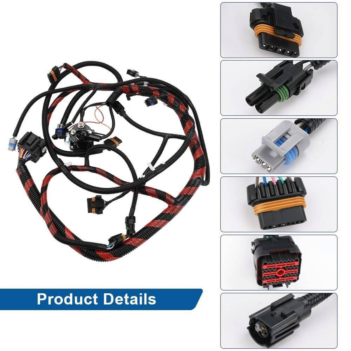Engine wiring harness with braided red-and-black wiring and included connector parts