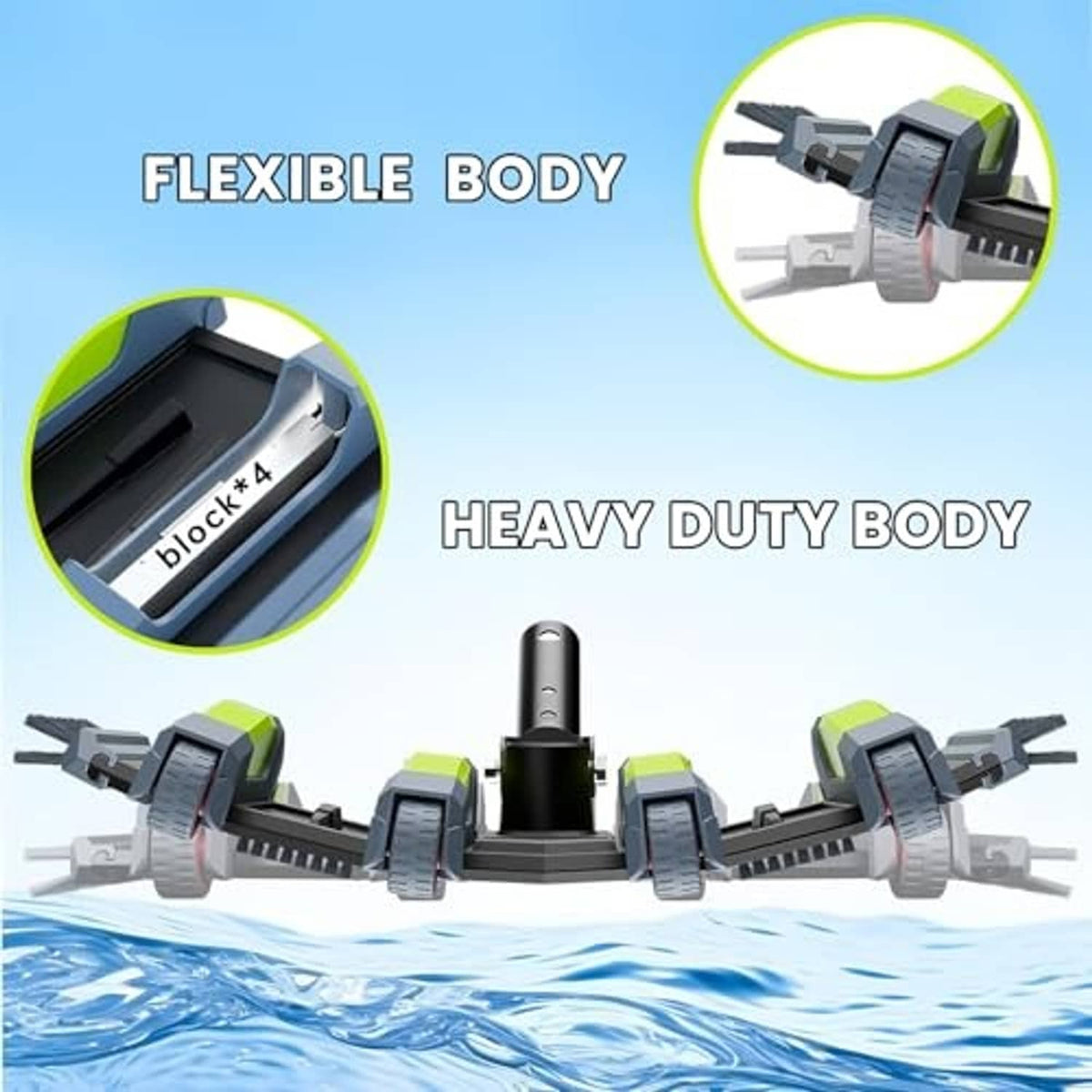 Heavy-duty pool vacuum head with flexible body, lime-green brush bars on a black base.