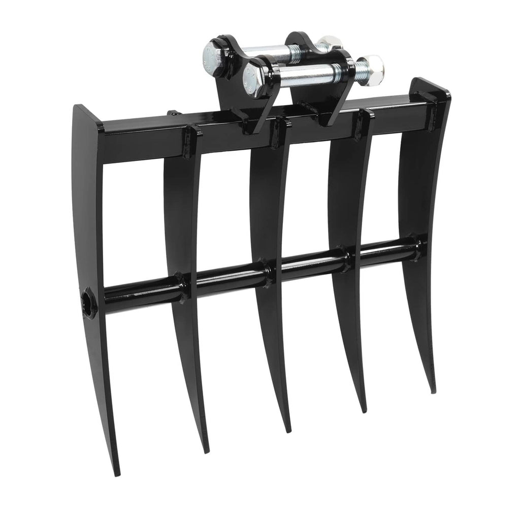 Mini excavator attachment rake with black frame and four upright steel tines