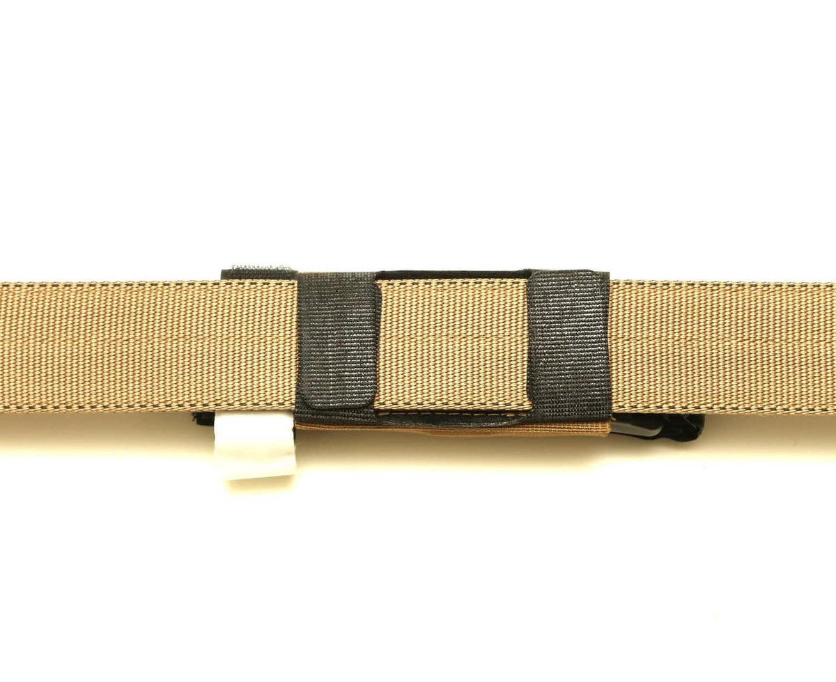 Coyote brown utility belt pouch with black center tab and elastic loop