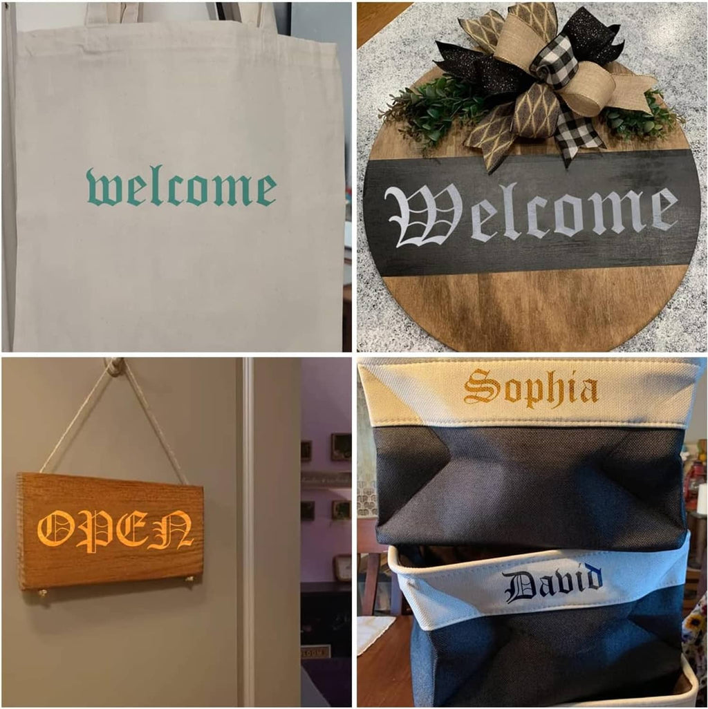 Welcome stencil letters on a tote bag, round sign, and hanging Christmas stockings