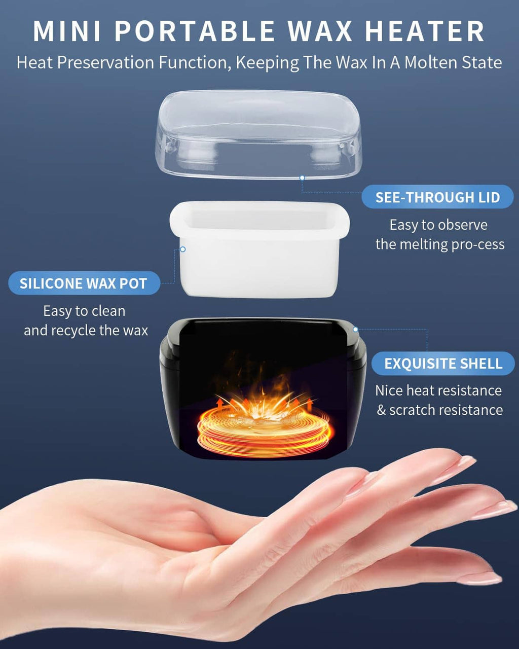 Mini portable wax heater with clear lid and white silicone wax pot for melting wax