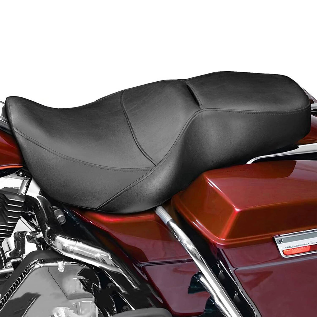 Black two-up motorcycle seat with contoured driver and passenger sections, visible stitching.