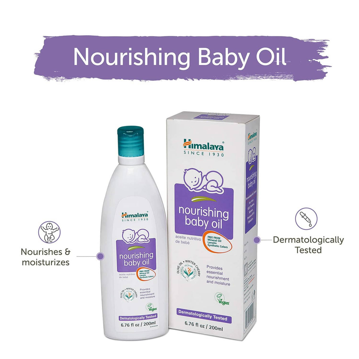 Nourishing baby oil bottle and box, white with teal cap, dermatologically tested
