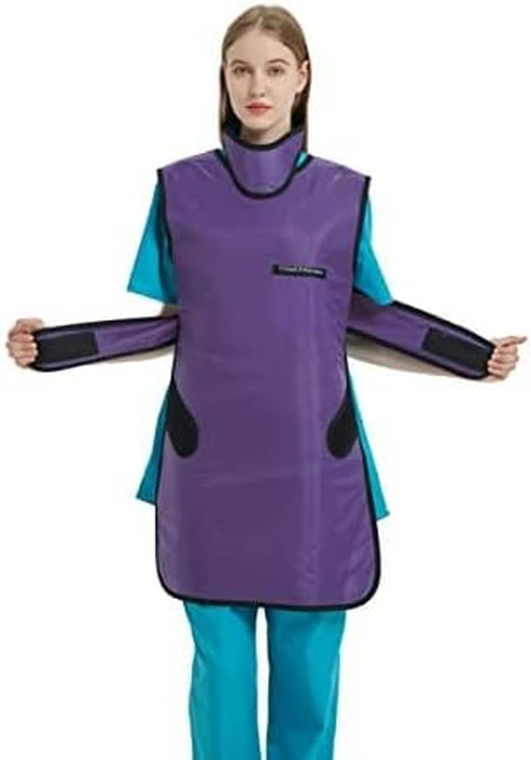 Lead x-ray apron with thyroid shield collar, purple vest-style apron with extended arm straps.