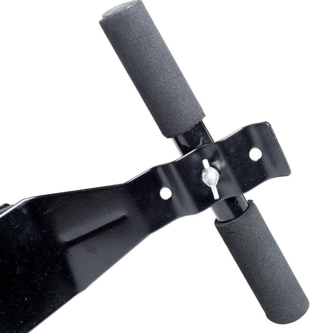 Black steel doorway sit-up bar with foam handles and adjustable anchor plate