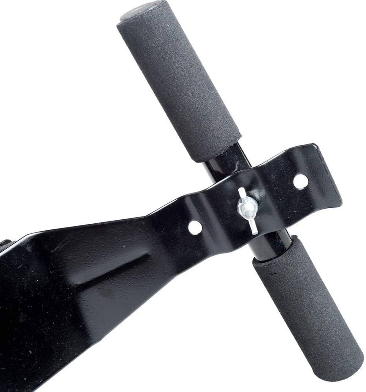 Black steel doorway sit-up bar with foam handles and adjustable anchor plate