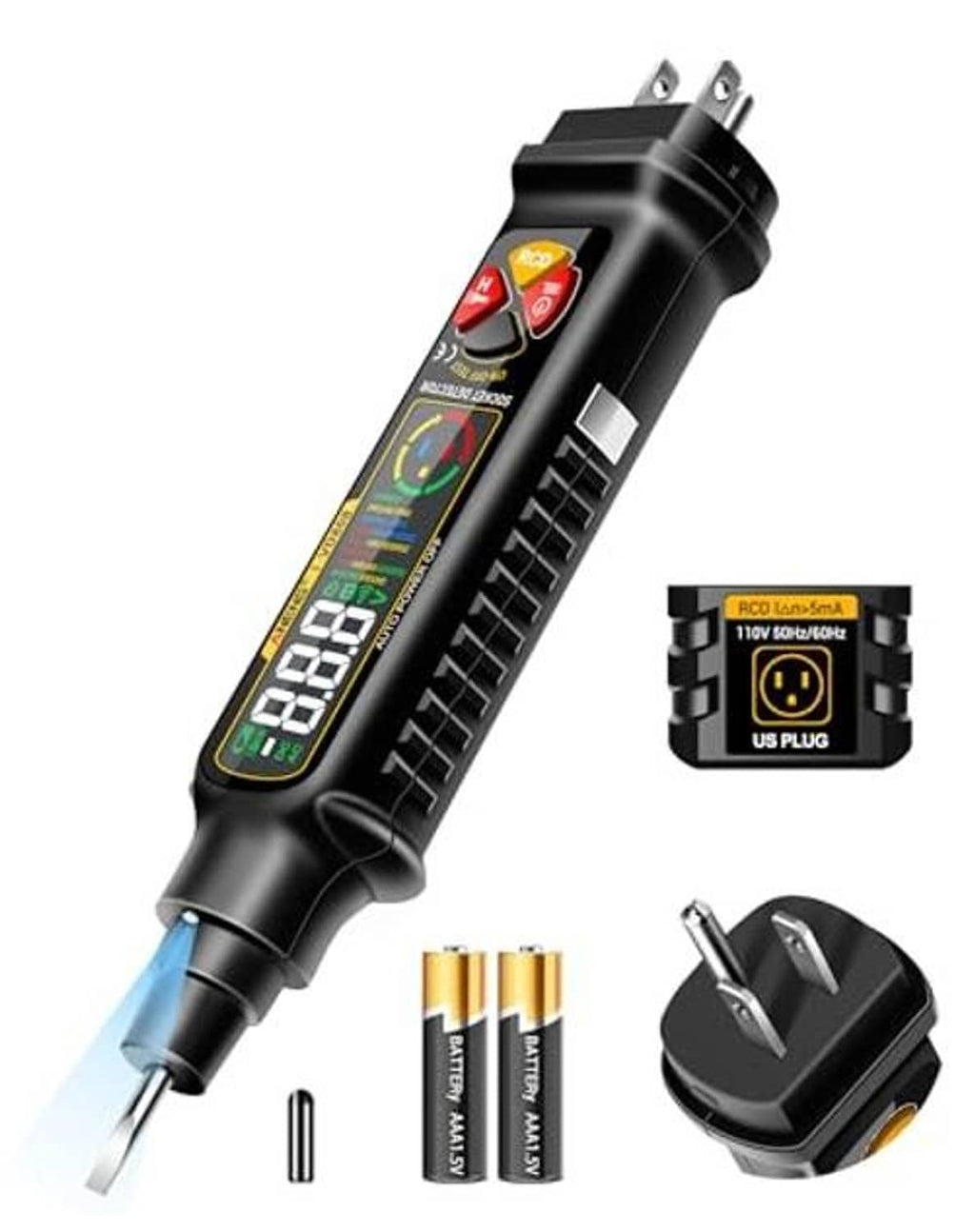 Black non-contact voltage tester plug-in tester with digital screen and indicator lights
