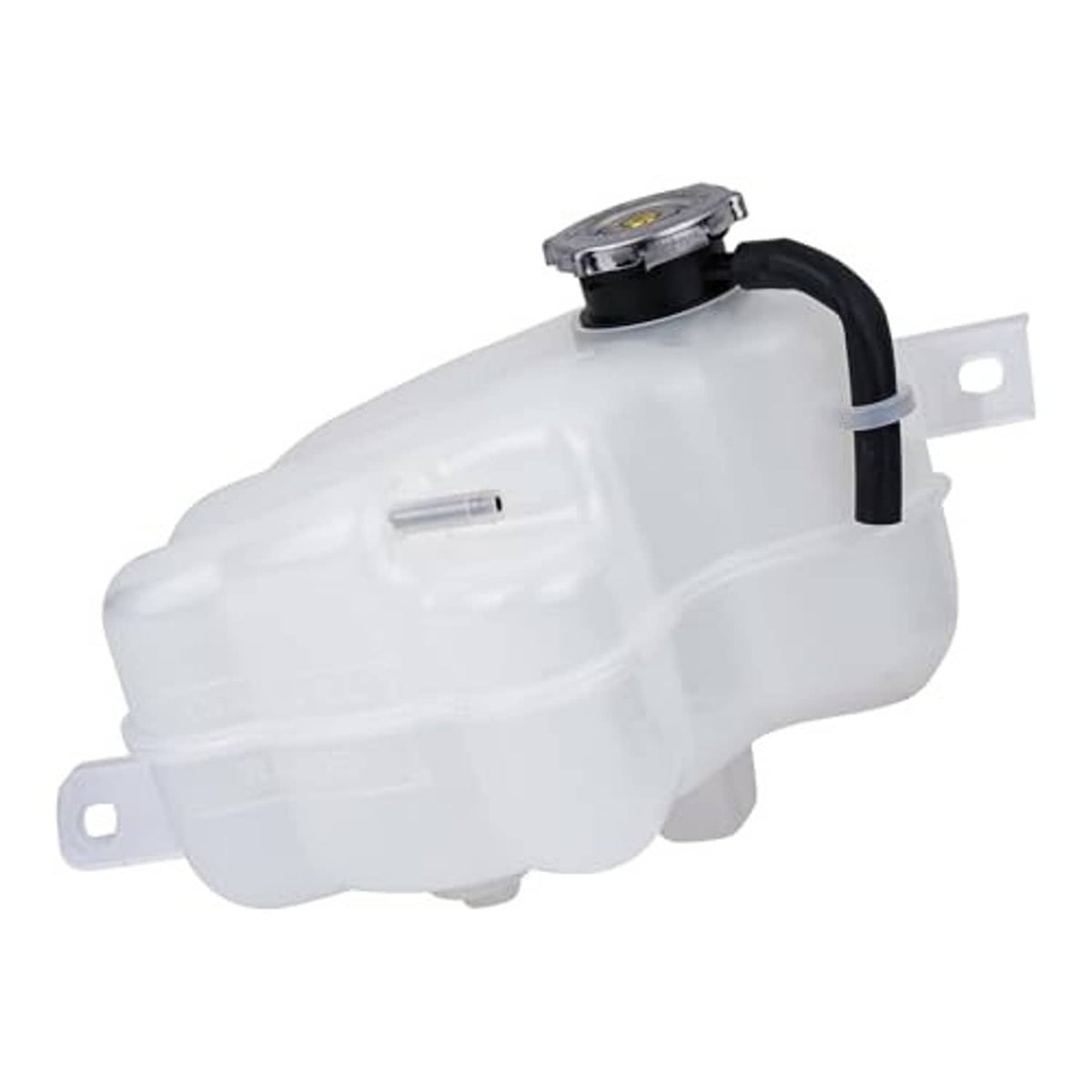 Engine coolant reservoir tank with cap and black hose, white translucent plastic body